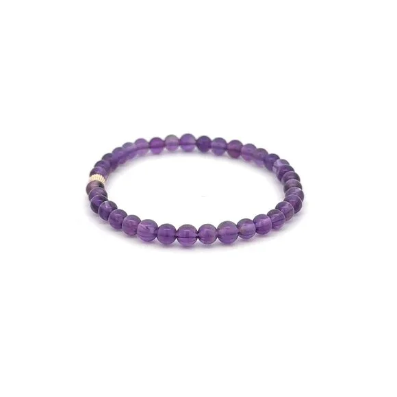 Gemstones Amethyst Mini 4mm Stretchable Bracelet 14k Gold Bead Charm Corrugated - Picture 5 of 6